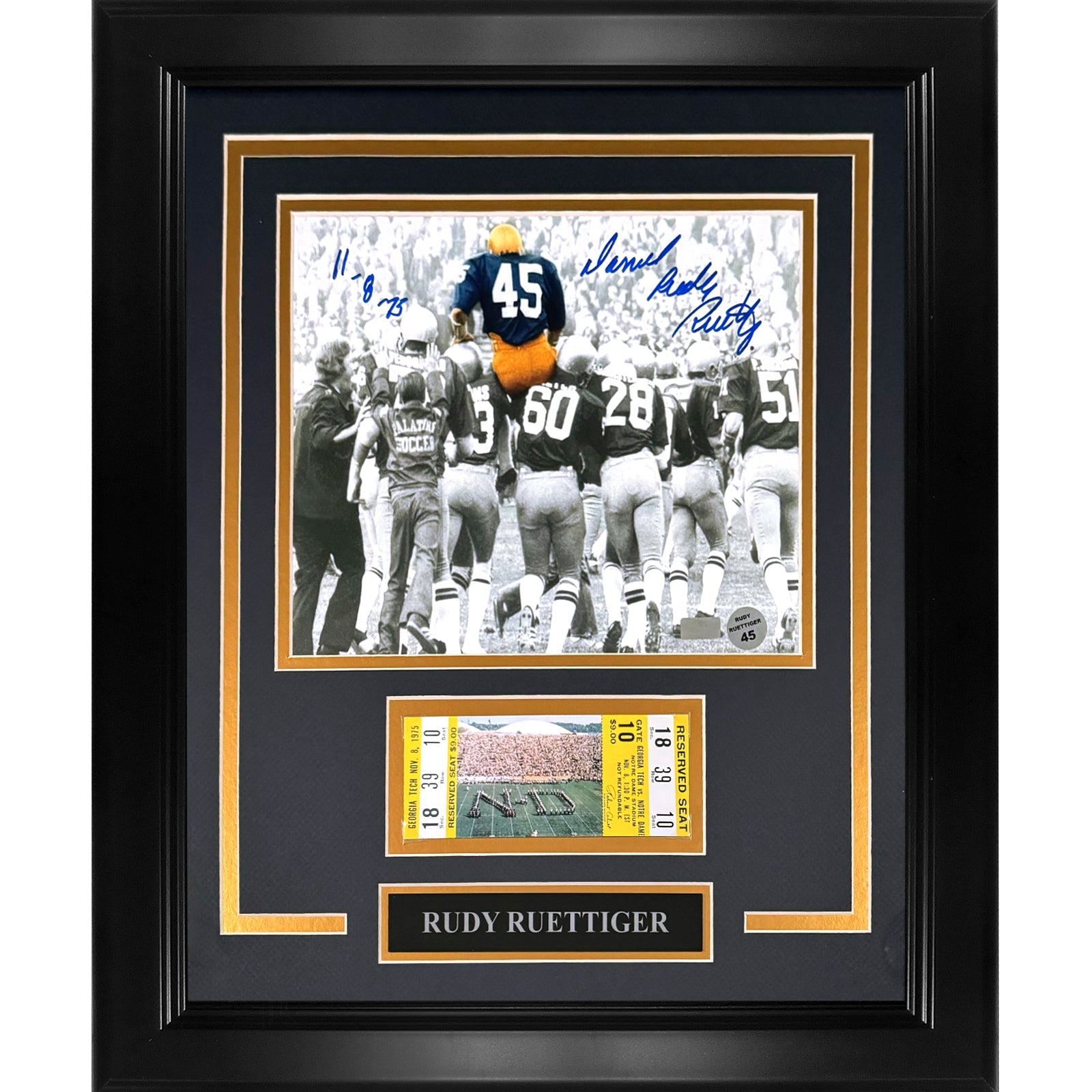 Rudy Ruettiger Autographed Notre Dame Deluxe Framed 8x10 Photo with Replica Game Ticket - JSA