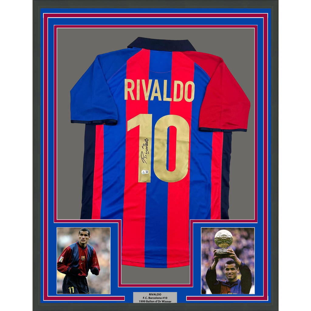 Framed Autographed/Signed Rivaldo 35x39 Ferreira FC Barcelona Blue Soccer Jersey Beckett BAS COA