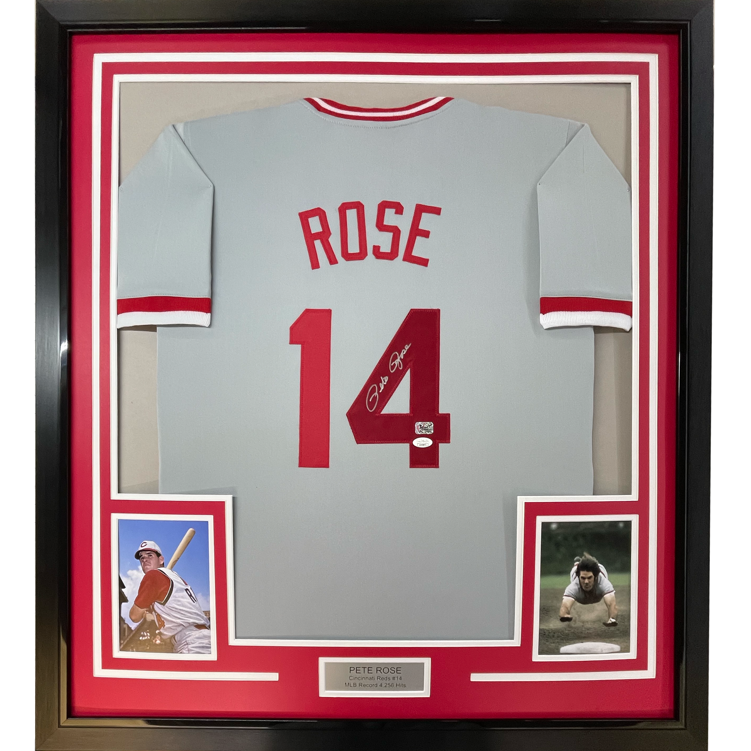Framed Autographed/Signed Pete Rose 35x39 Cincinnati Grey Baseball Jersey JSA COA