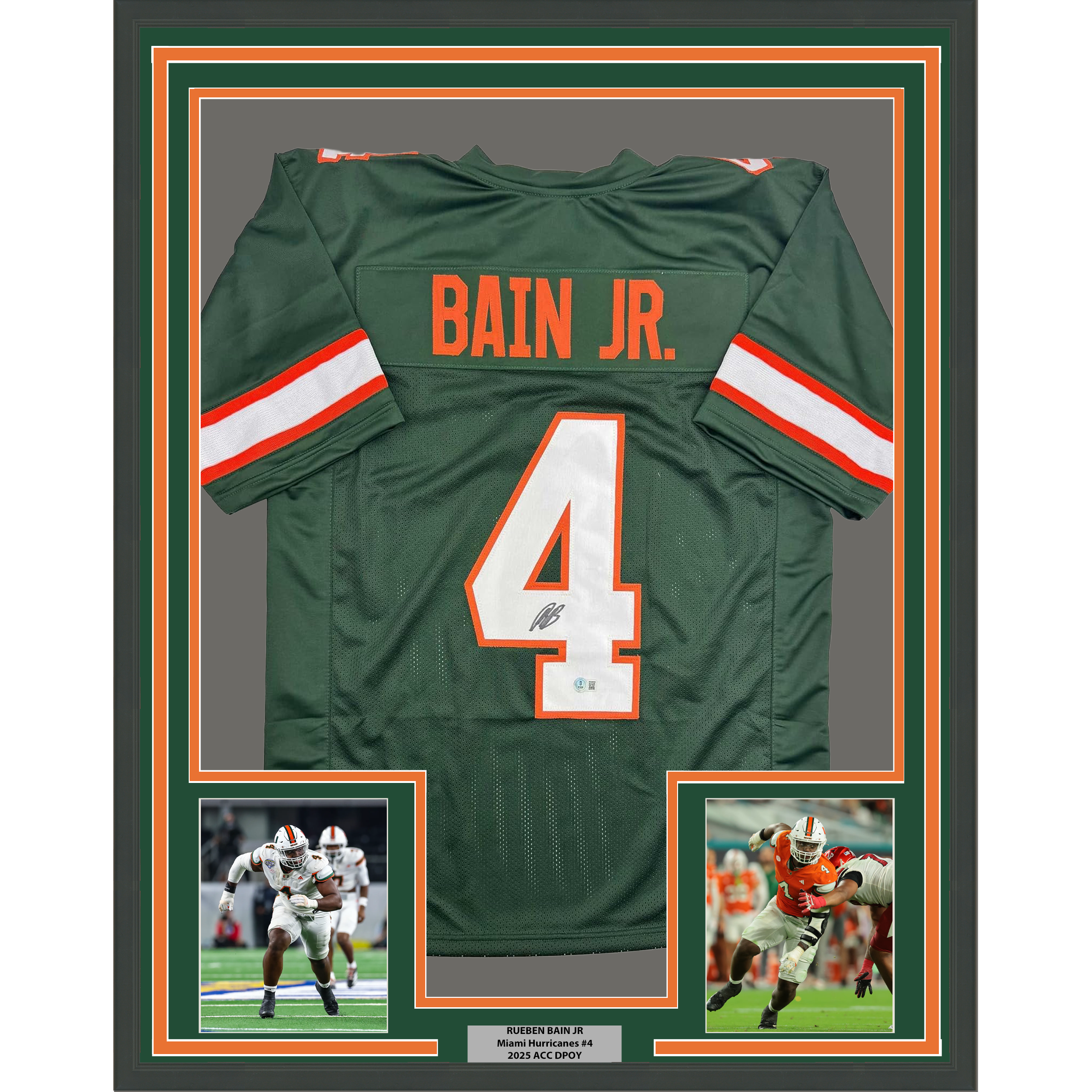 Framed Autographed/Signed Rueben Bain Jr. 35x39 Miami Green College Football Jersey Beckett BAS COA