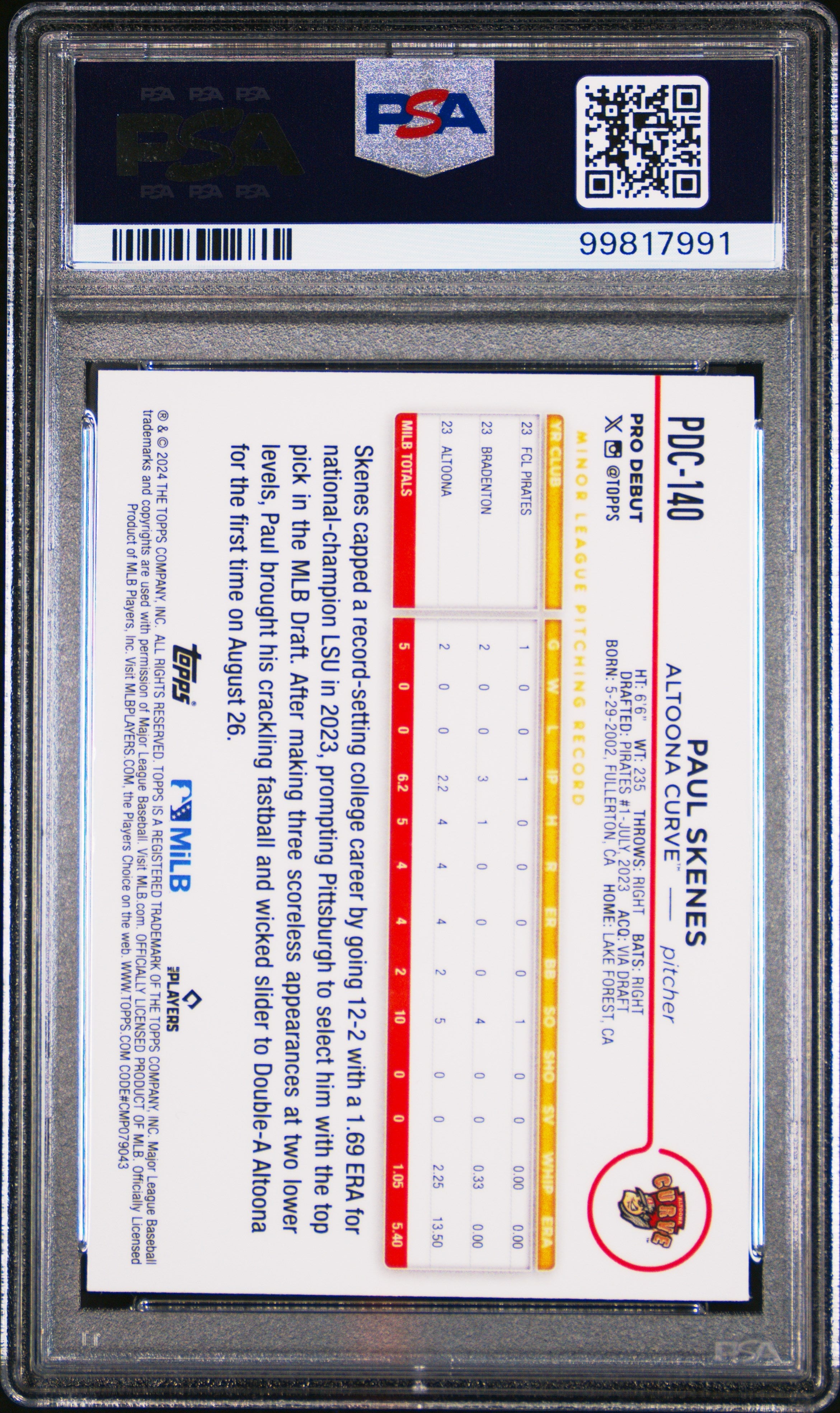 Graded 2024 Topps Pro Debut Paul Skenes #PDC140 Chrome Rookie RC Baseball Card PSA 10 Gem Mint