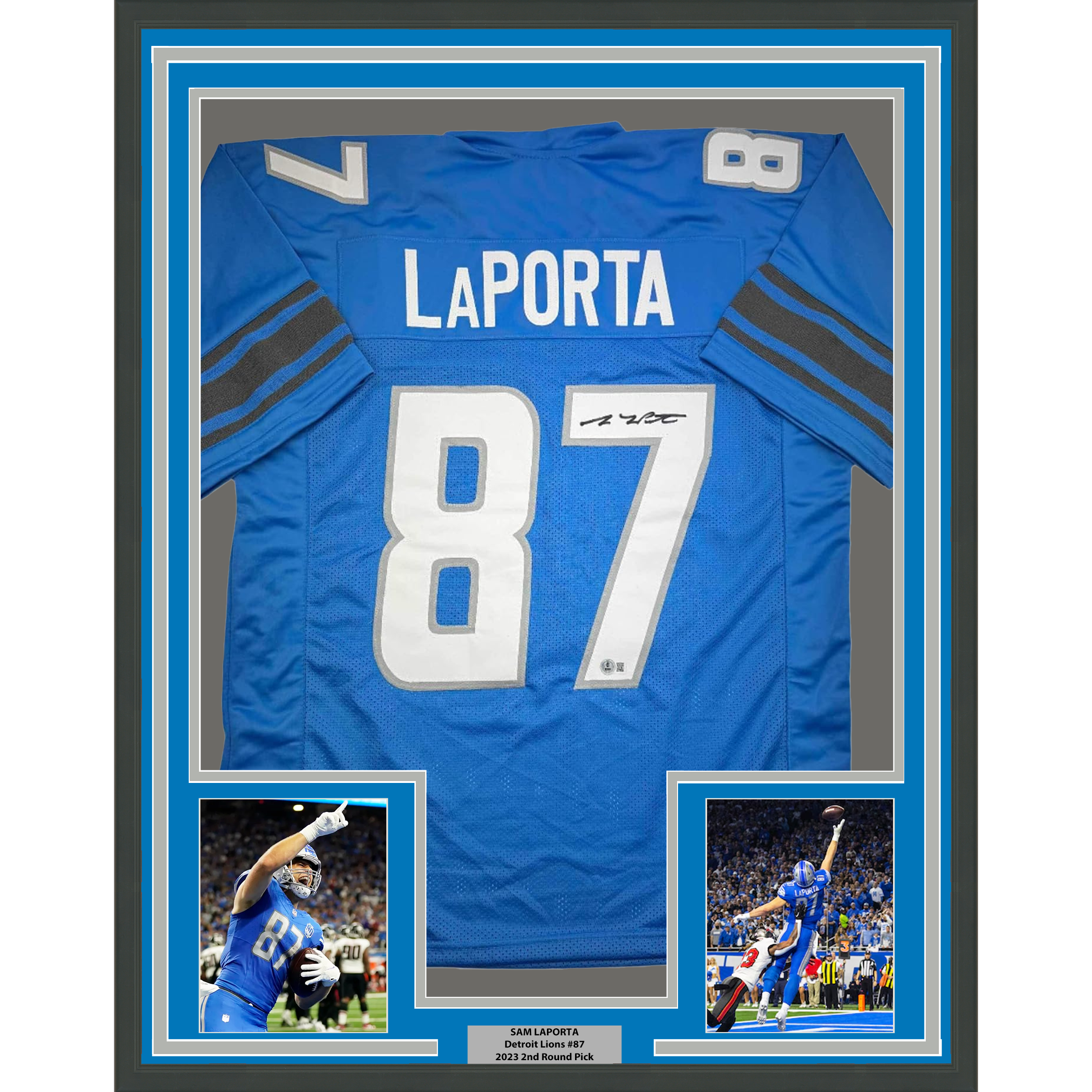 Framed Autographed/Signed Sam LaPorta 35x39 Detroit Blue Football Jersey Beckett BAS COA