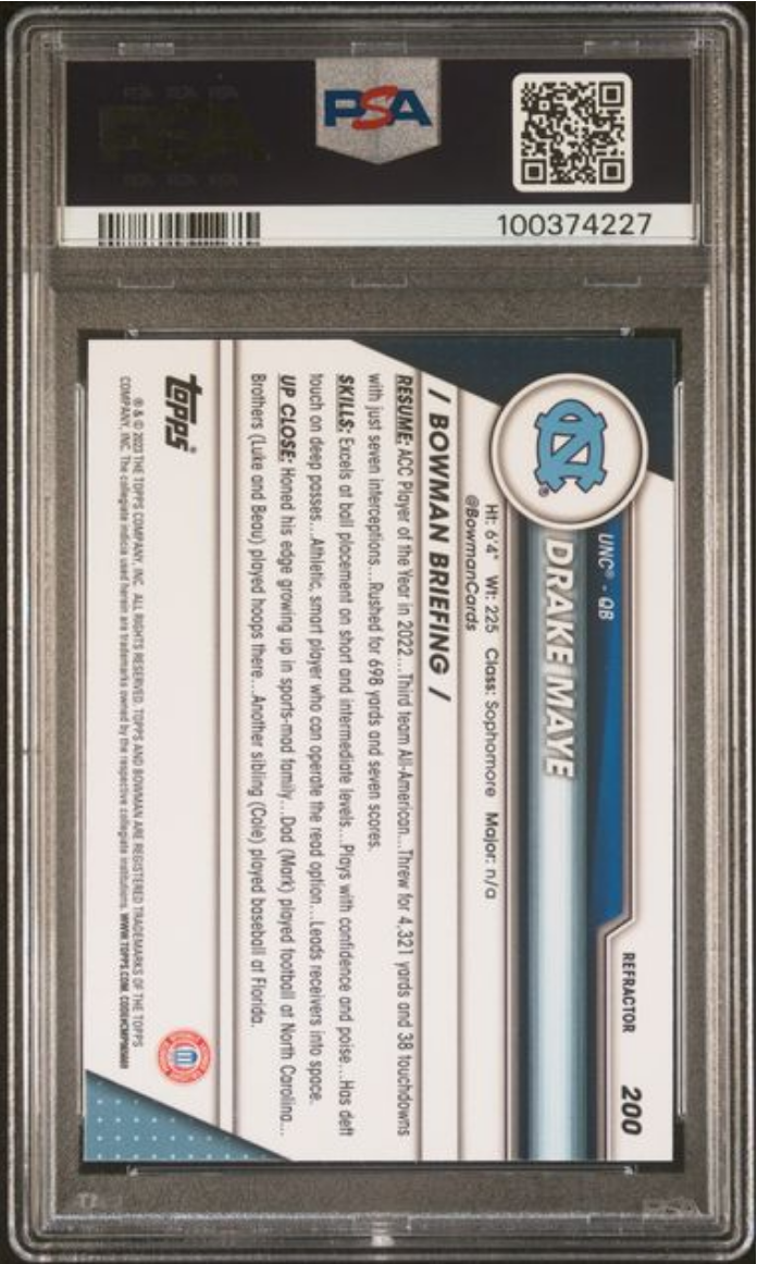 Graded 2023 Topps Bowman U Chrome Drake Maye #200 Refractor Rookie RC Football Card PSA 10 Gem Mint