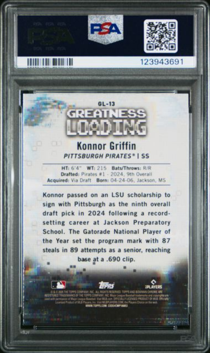 Graded 2025 Topps Bowman Konnor Griffin #GL13 Greatness Loading Rookie RC Baseball Card PSA 10 Gem Mint