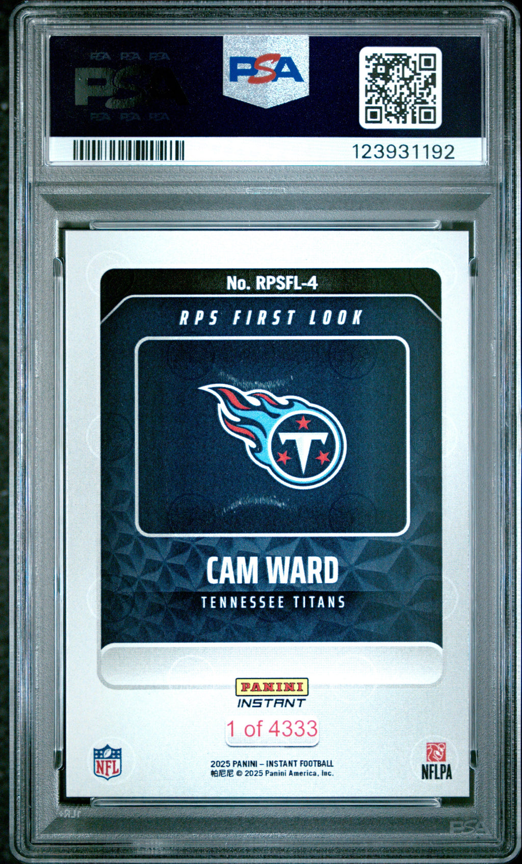 Graded 2025 Panini Instant Cam Ward #RPSFL4 RPS First Look Rookie RC Football Card PSA 10 Gem Mint
