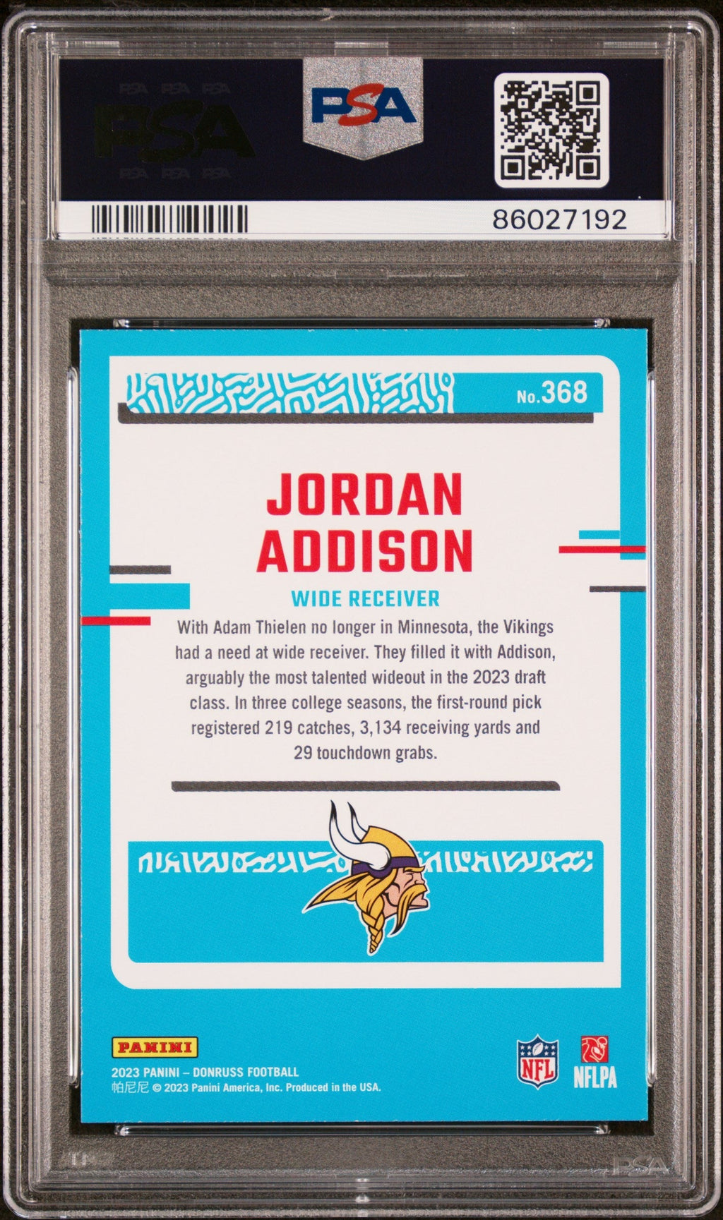 Graded 2023 Panini Donruss Jordan Addison #368 Rookie RC Football Card PSA 10 Gem Mint
