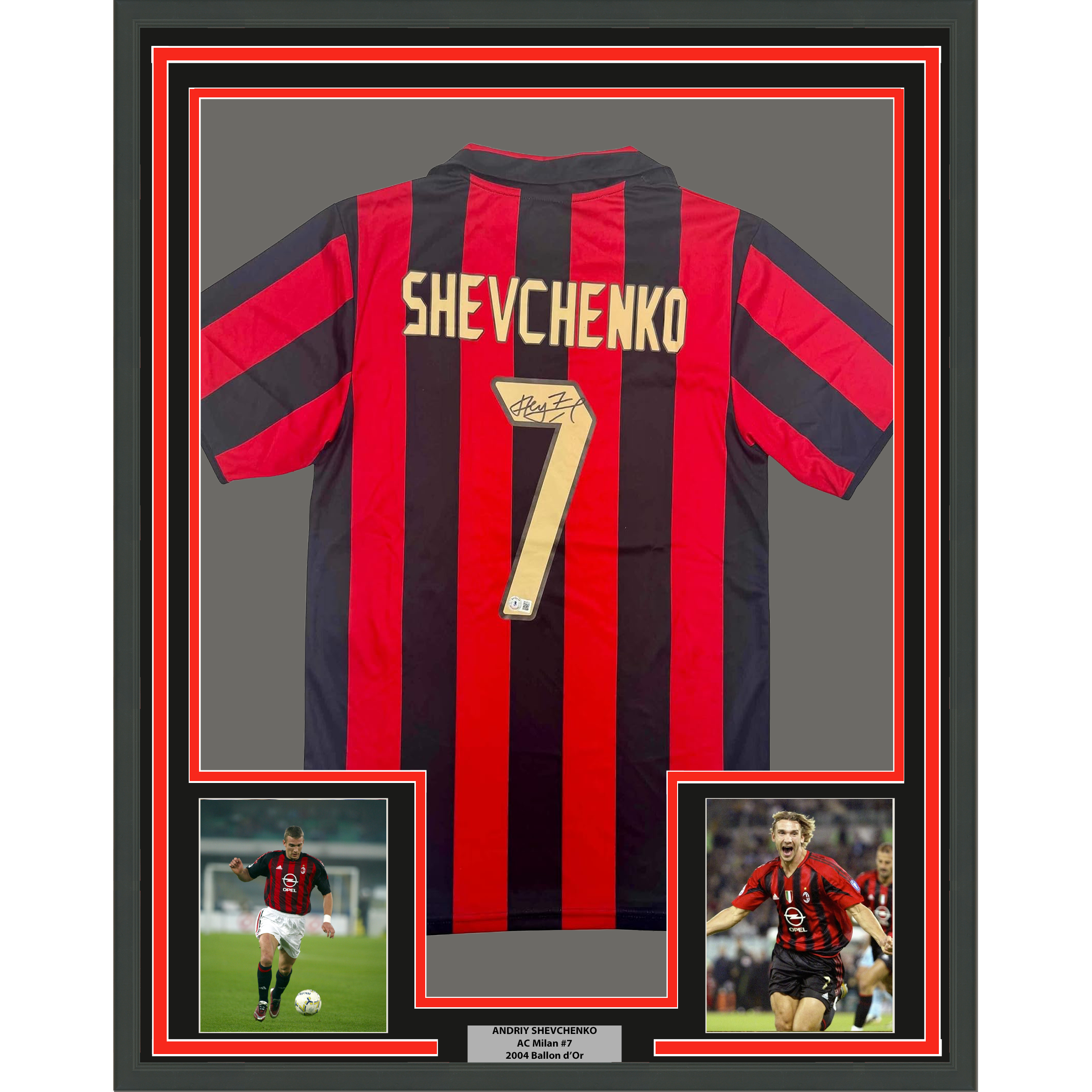 Framed Autographed/Signed Andriy Shevchenko 35x39 AC Milan Red/Black Soccer Futbol Jersey Beckett BAS COA