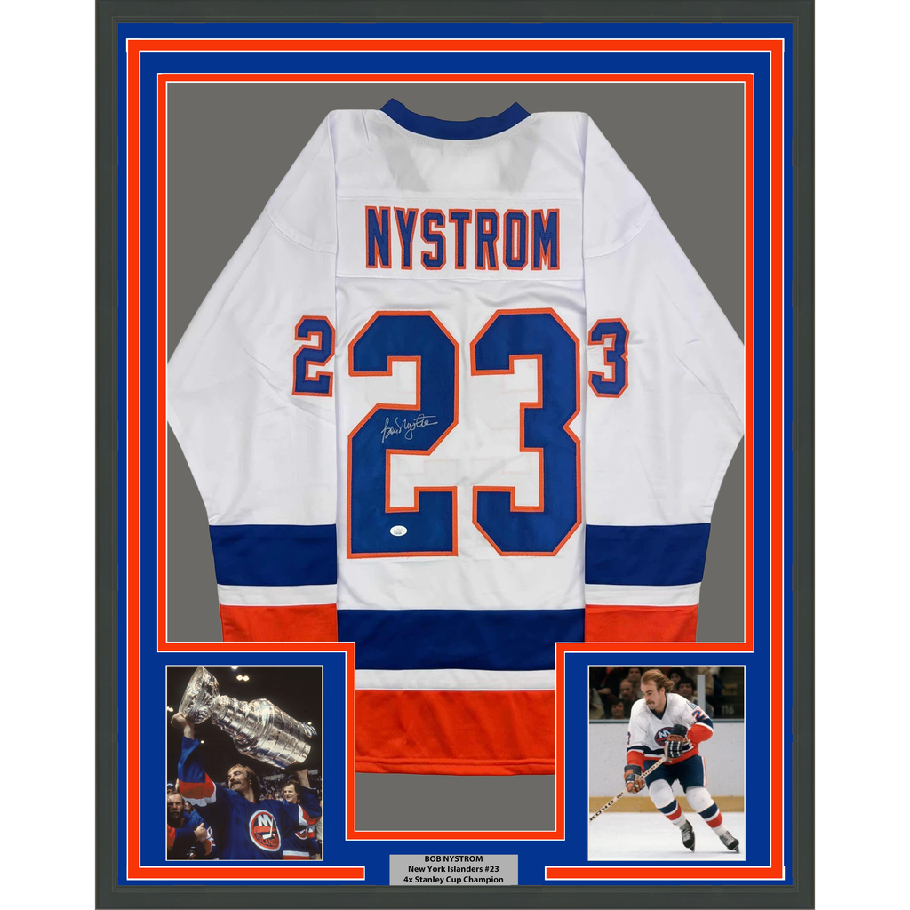 Framed Autographed/Signed Bob Nystrom 35x39 New York White Hockey Jersey JSA COA