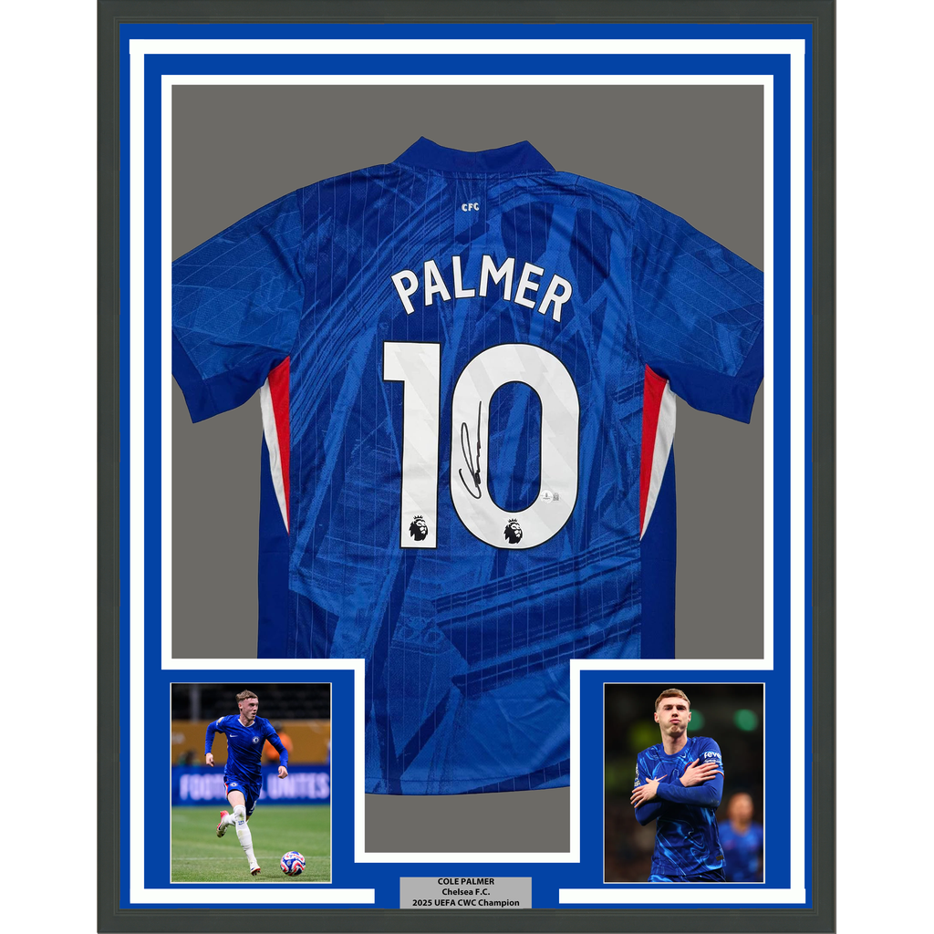 Framed Autographed/Signed Cole Palmer 35x39 Chelsea FC Blue Soccer Futbol Jersey Beckett BAS COA
