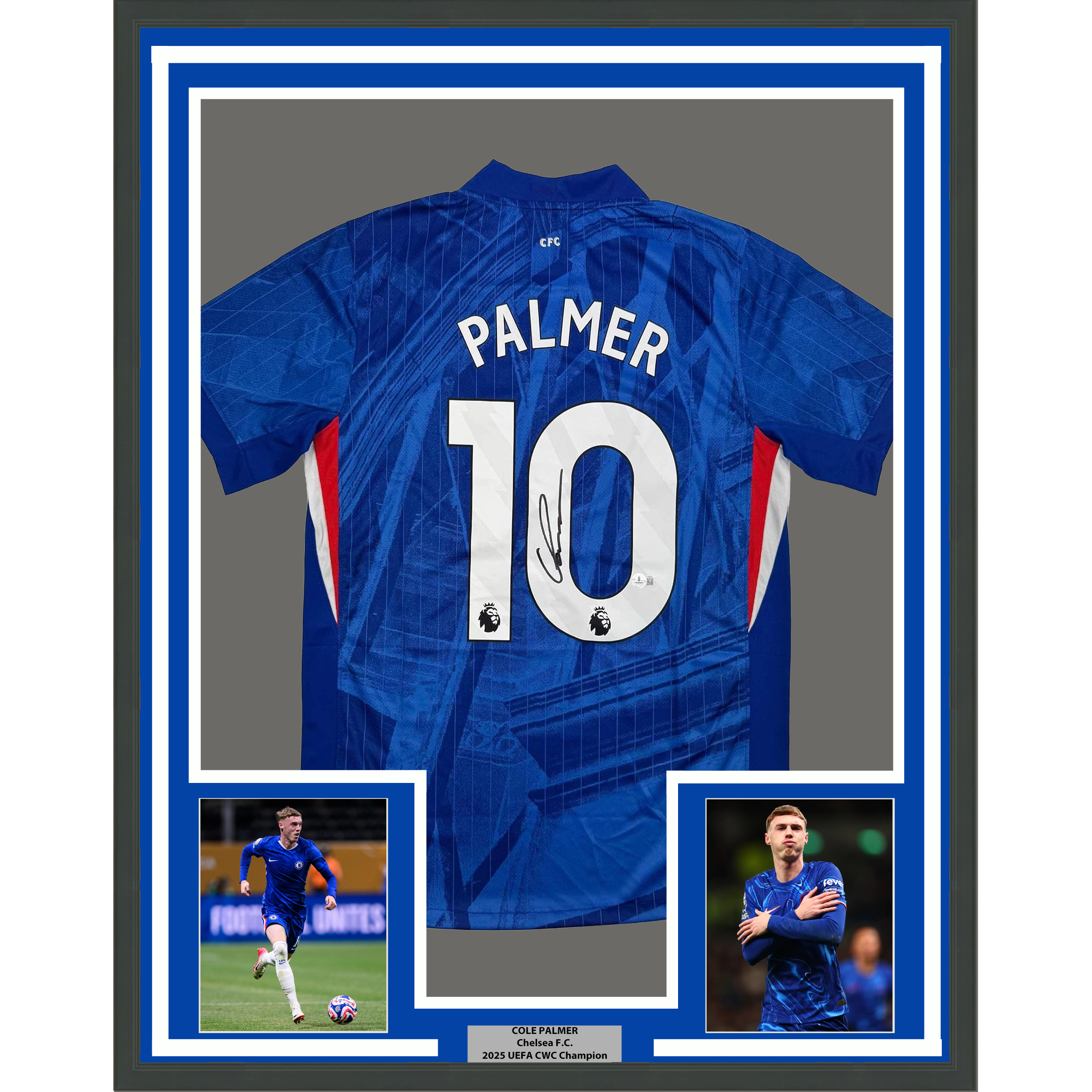 Framed Autographed/Signed Cole Palmer 35x39 Chelsea FC Blue Soccer Futbol Jersey Beckett BAS COA