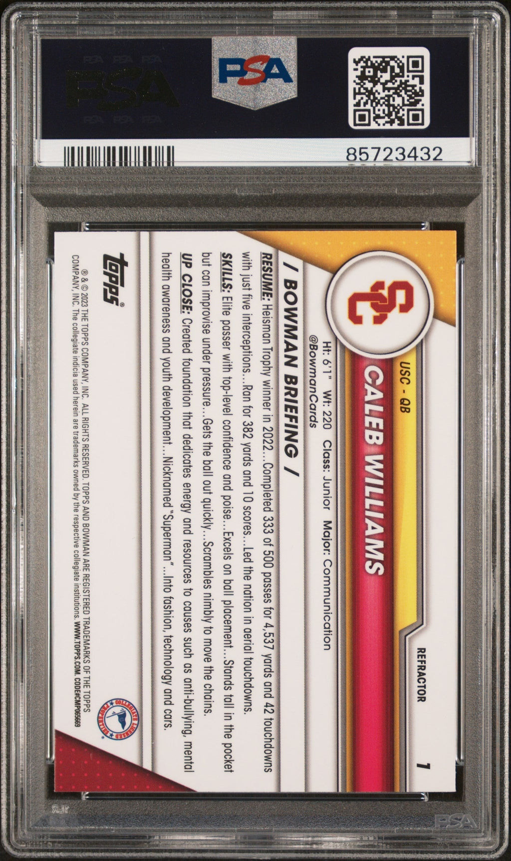 Graded 2023 Topps Bowman U Chrome Caleb Williams #1 Refractor Rookie RC Football Card PSA 10 Gem Mint