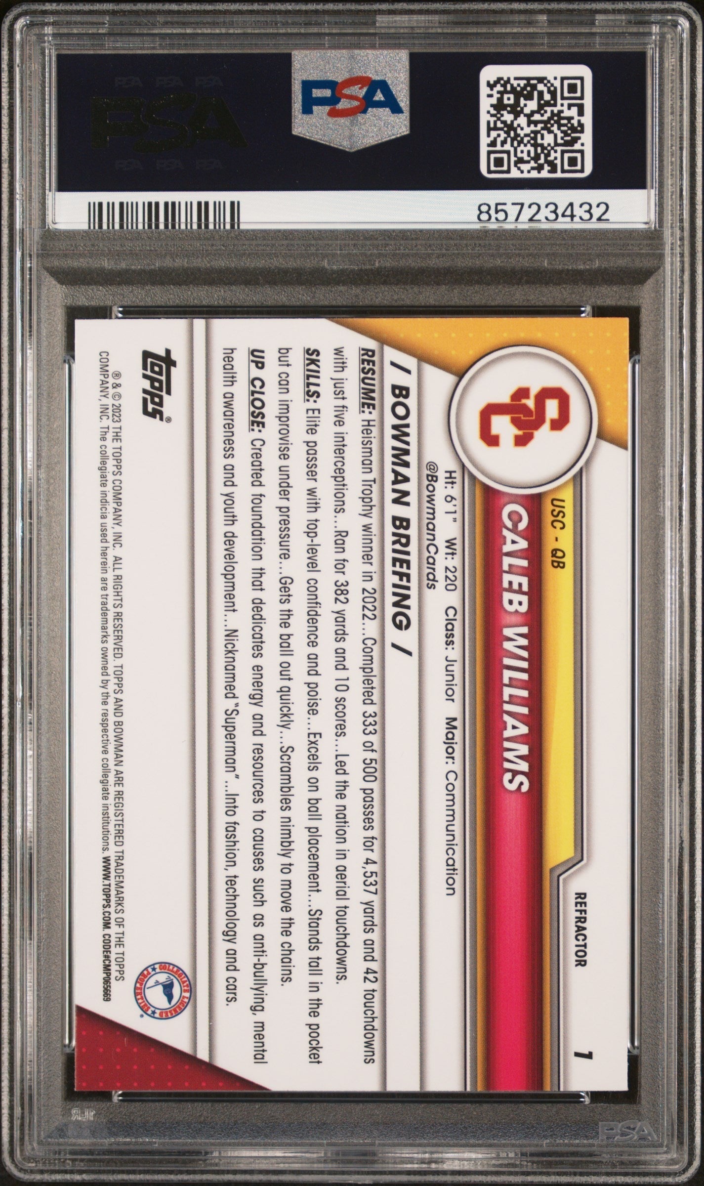 Graded 2023 Topps Bowman U Chrome Caleb Williams #1 Refractor Rookie RC Football Card PSA 10 Gem Mint