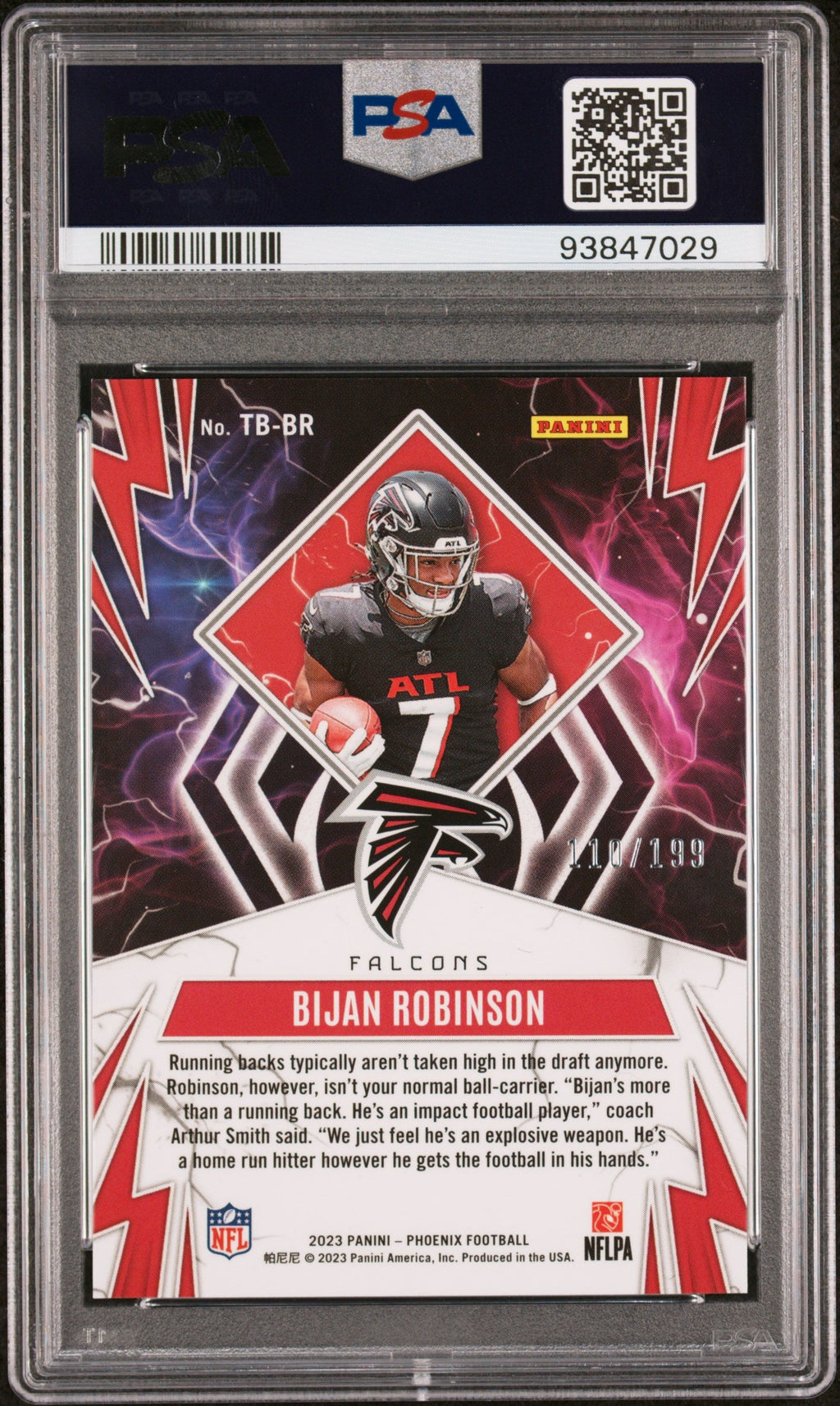 Graded 2023 Panini Phoenix Bijan Robinson #TBBR1 Thunderbirds Red /199 Rookie RC Football Card PSA 10 Gem Mint
