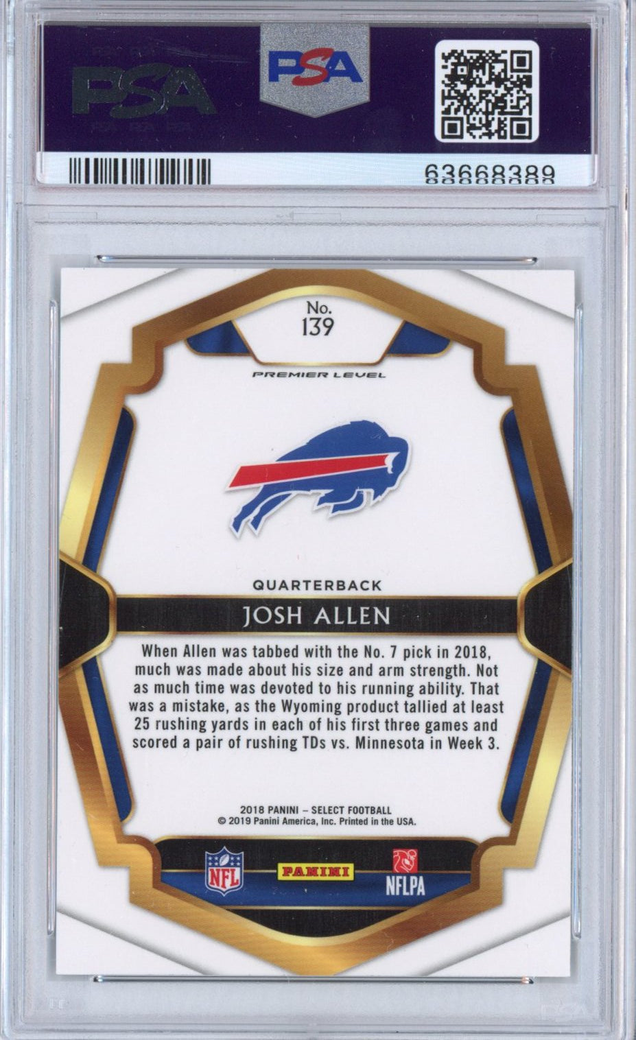 Graded 2018 Panini Select Josh Allen #139 Premier Level Jersey Rookie RC Football Card PSA 10 Gem Mint