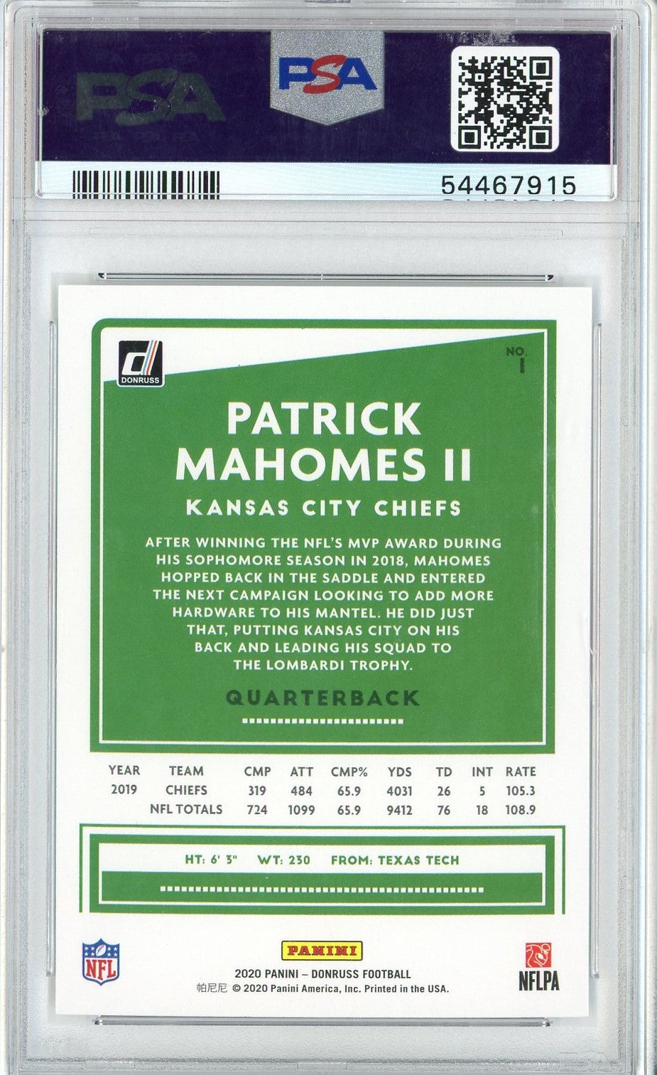 Graded 2020 Panini Donruss Patrick Mahomes II #1 Football Card PSA 10 Gem Mint