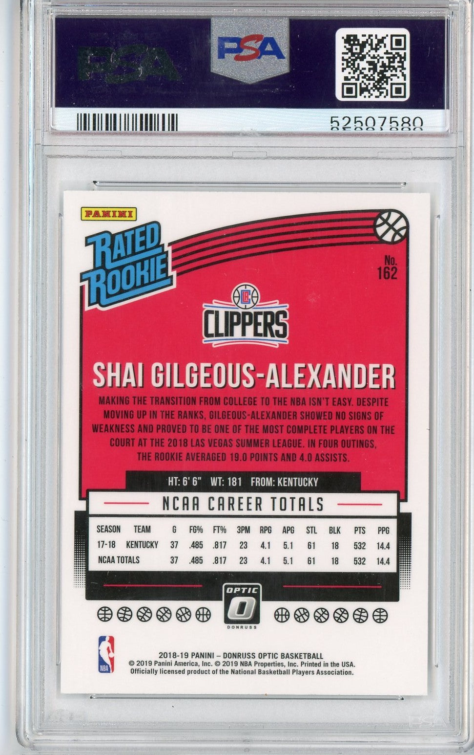 Graded 2018 Panini Donruss Optic Shai Gilgeous-Alexander #162 Rookie RC Basketball Card PSA 10 Gem Mint