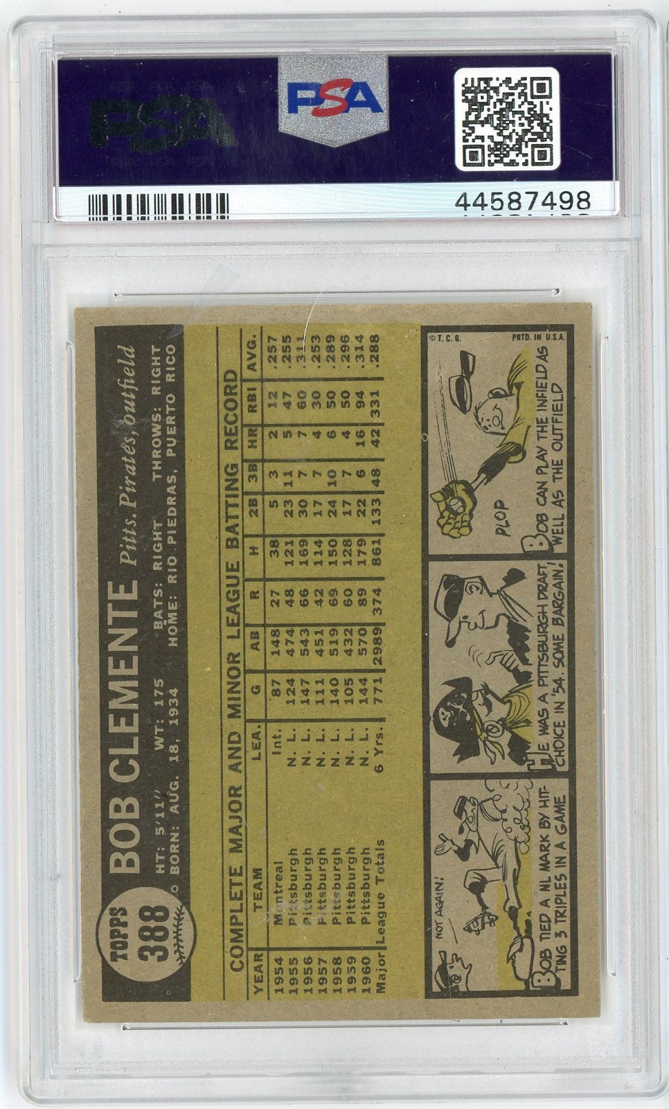 Graded 1961 Topps Bob Roberto Clemente #388 Baseball Card PSA 6 EX-MT