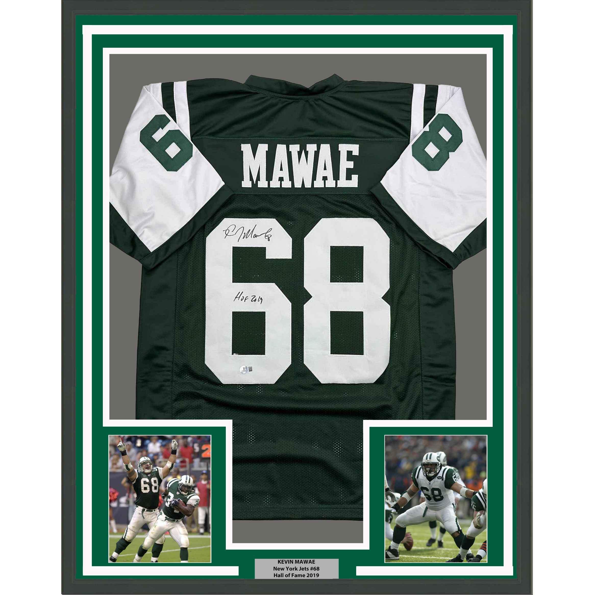Framed Autographed/Signed Kevin Mawae 35x39 HOF 2019 New York Green Football Jersey Beckett BAS COA