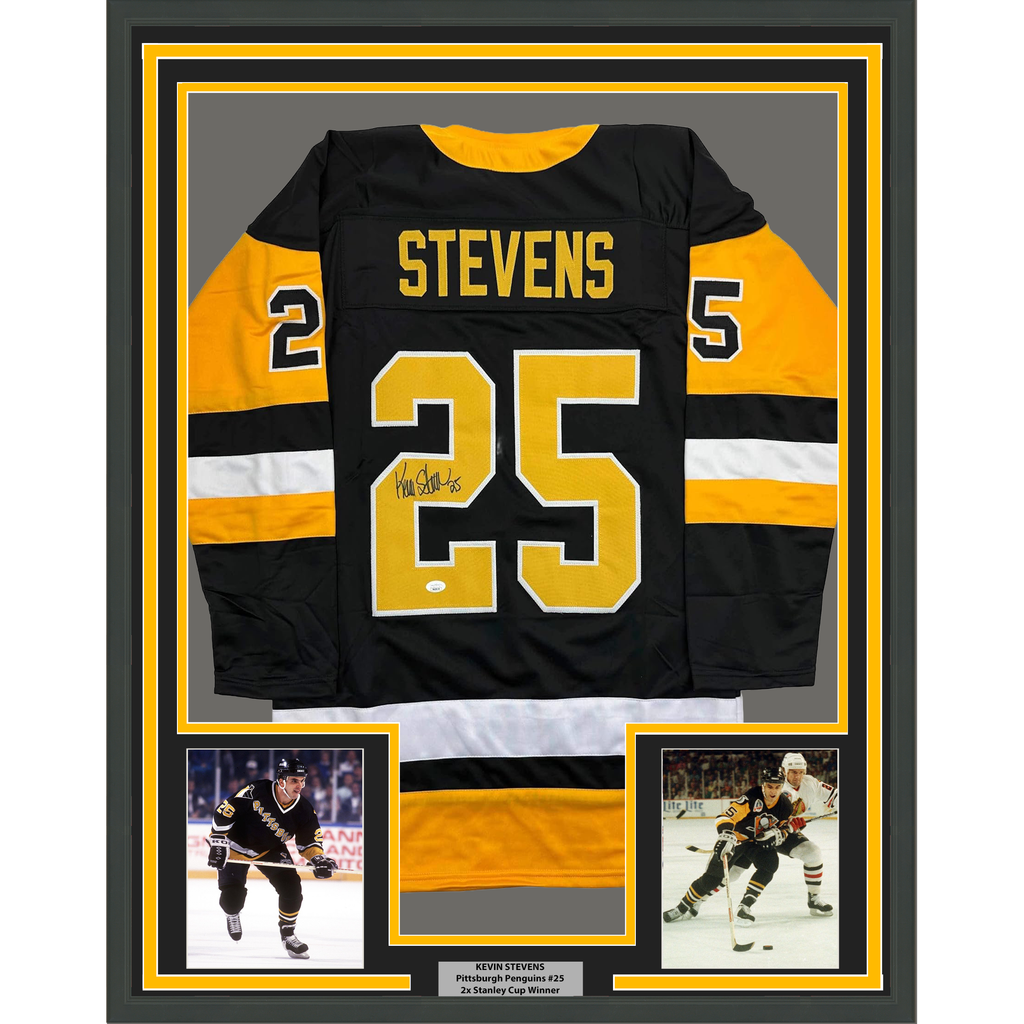 Framed Autographed/Signed Kevin Stevens 35x39 Pittsburgh Black Hockey Jersey JSA COA