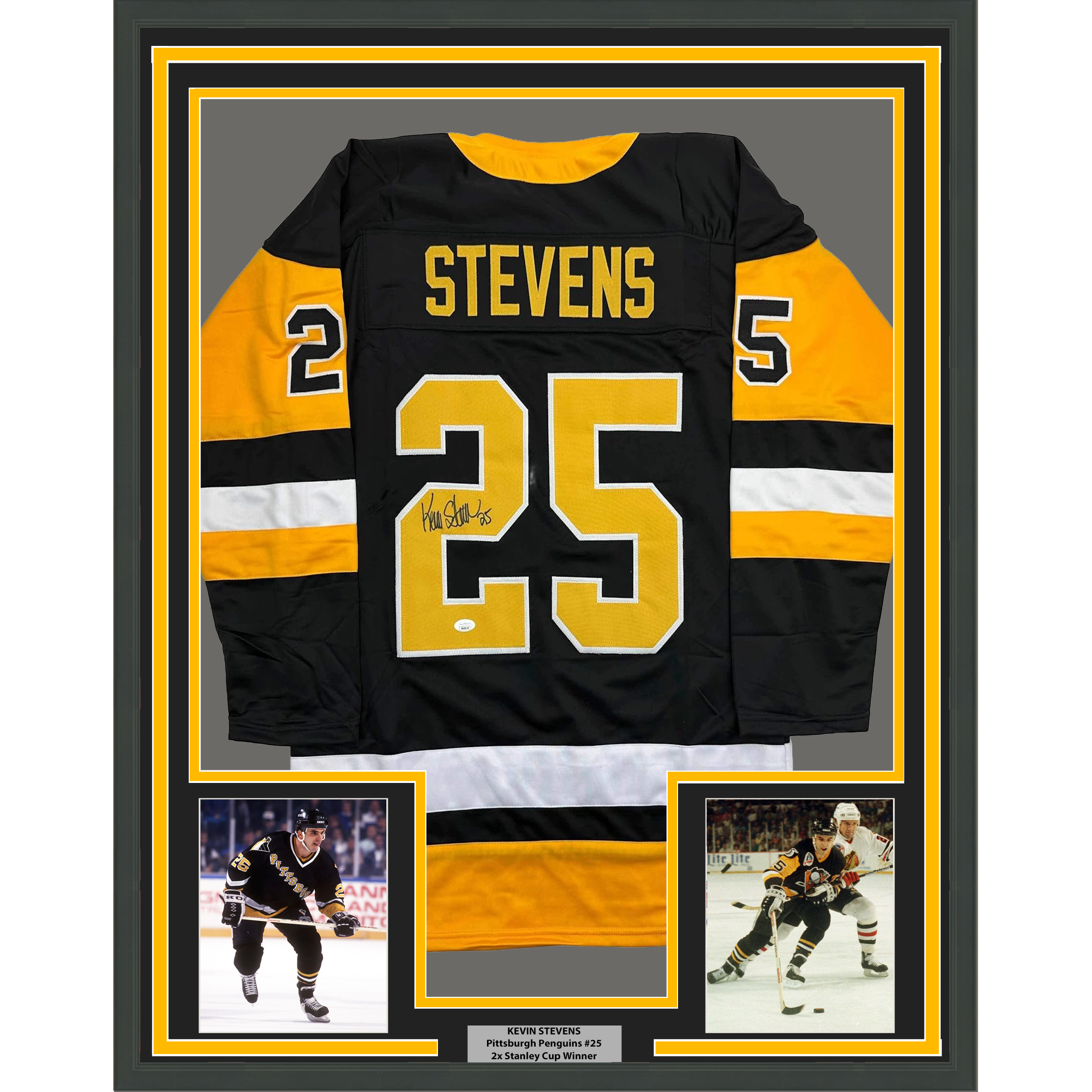 Framed Autographed/Signed Kevin Stevens 35x39 Pittsburgh Black Hockey Jersey JSA COA