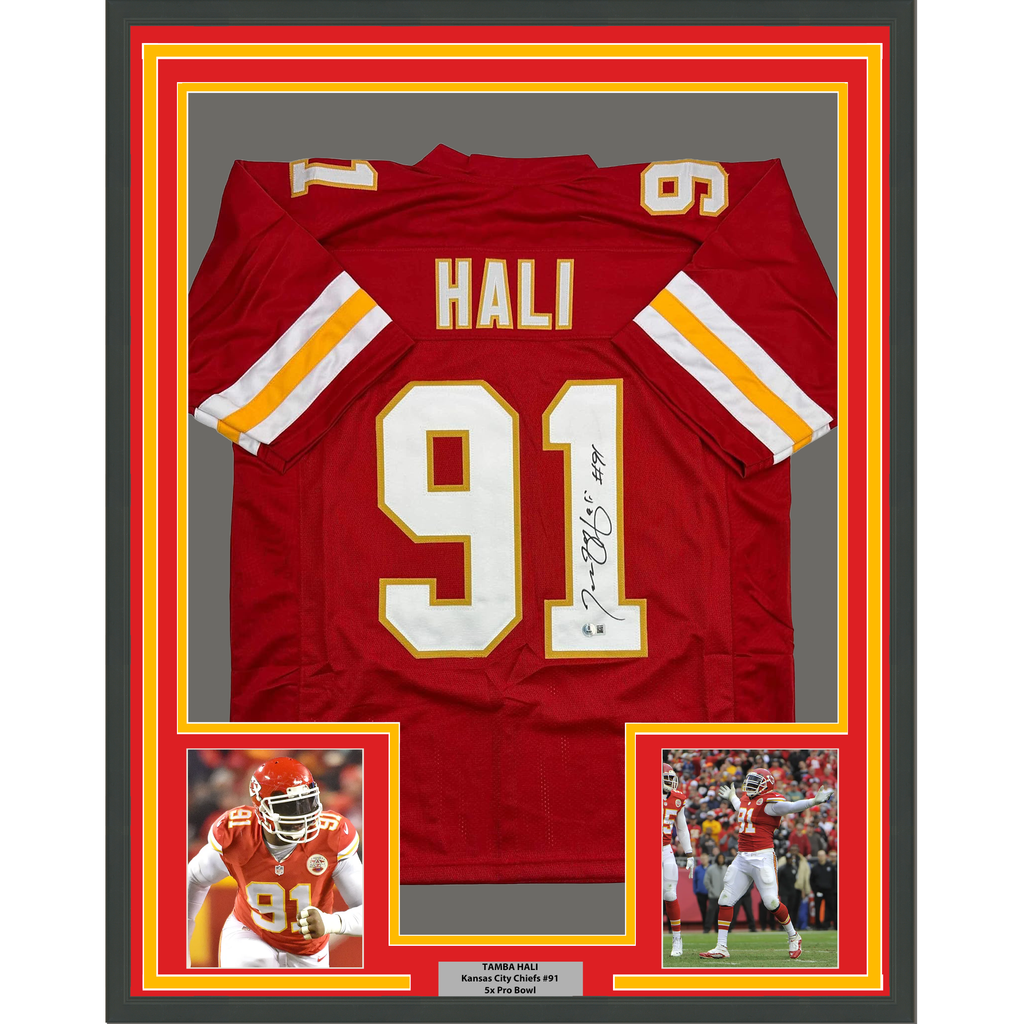 Framed Autographed/Signed Tamba Hali 35x39 Kansas City Red Football Jersey Beckett BAS COA